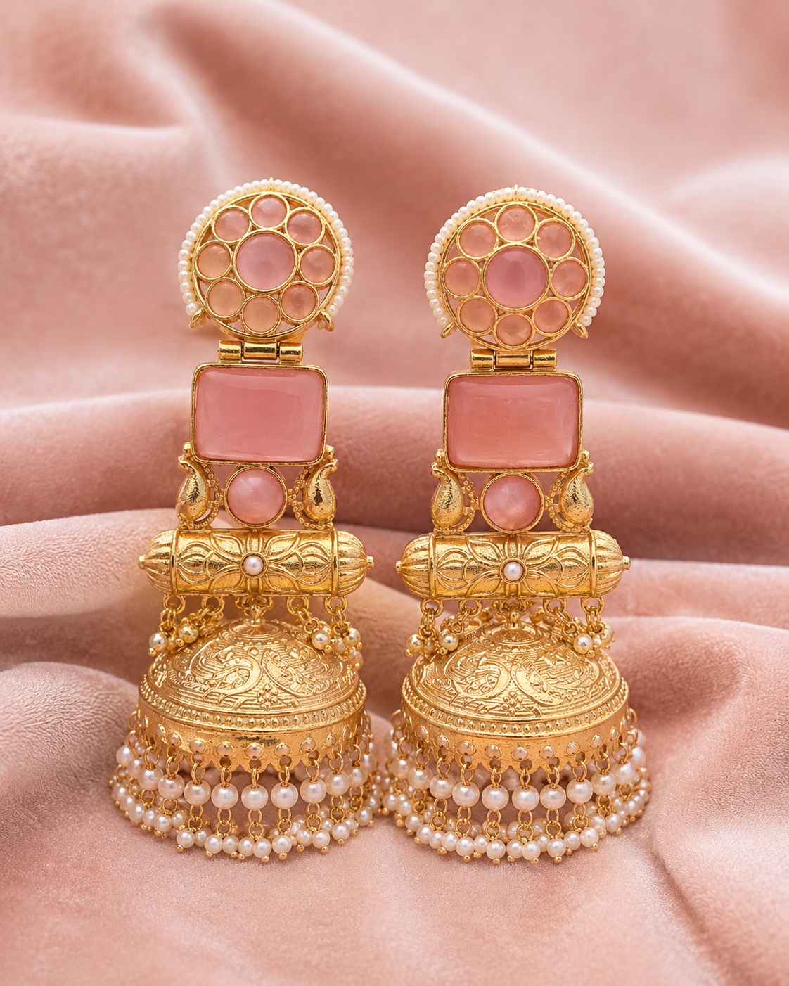 Blush Pink Pearl Statement Kashmiri Jhumka Earrings