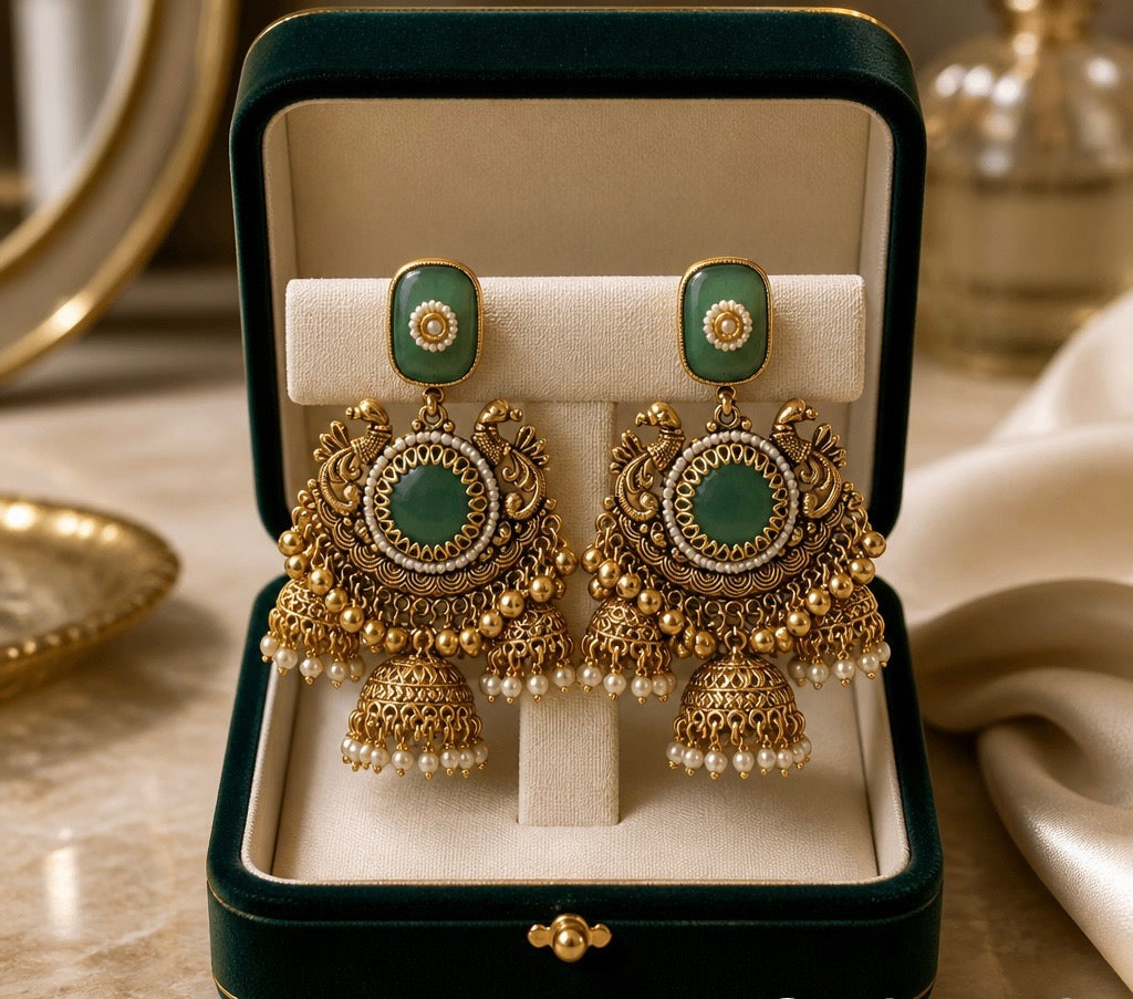 Emerald Green Pearl Kashmiri Jhumka Earrings