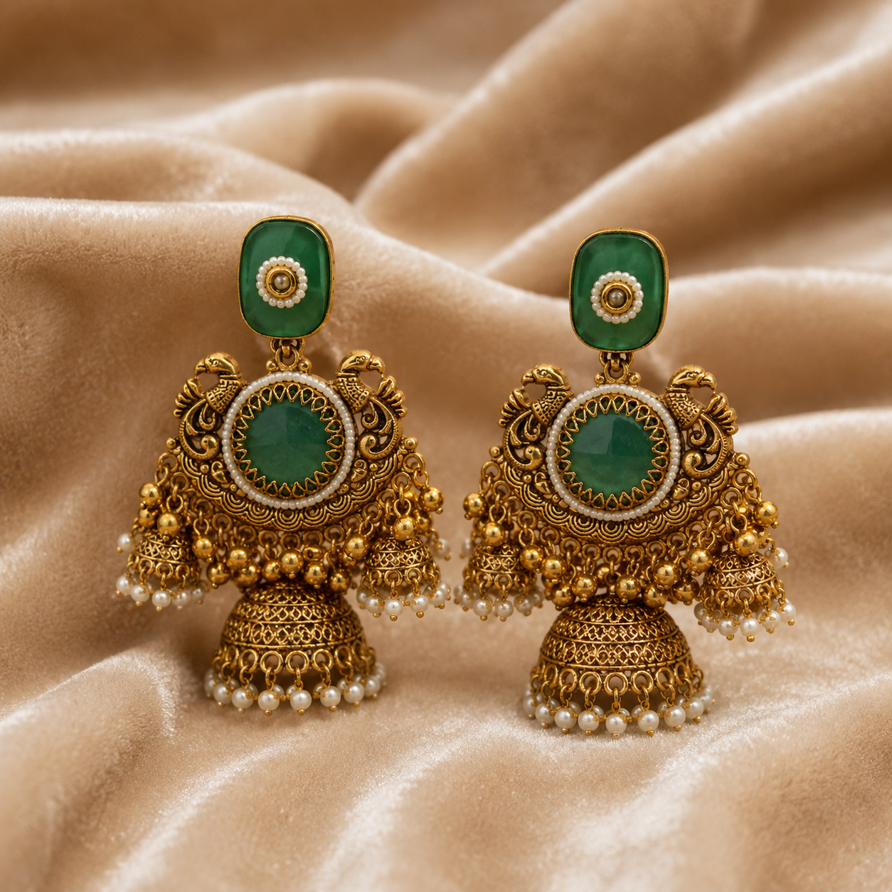 Emerald Green Pearl Kashmiri Jhumka Earrings