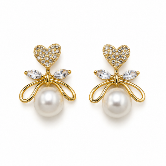 Pearl Heart Bow Earrings